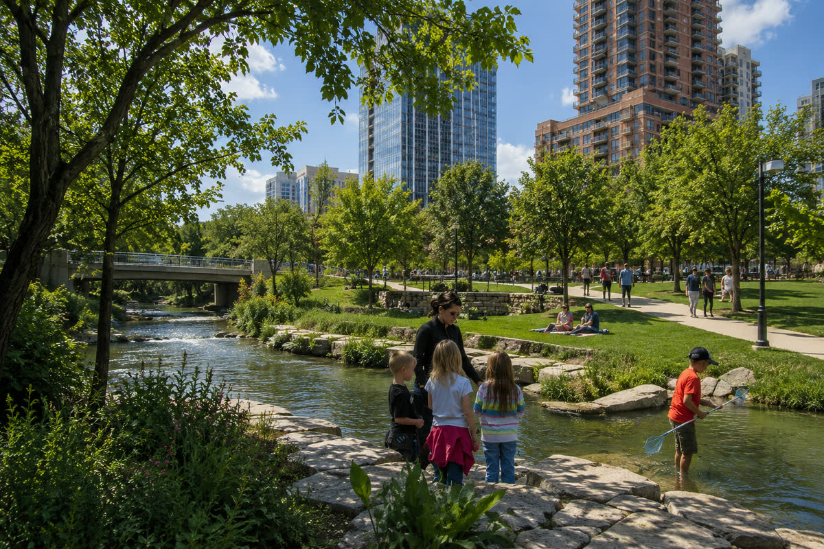 Waterloo Greenway creek and shaded downtown trail